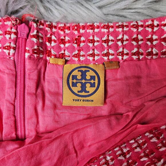 Womens Tory Burch Pink White Tweed Skirt Size 12 Navy Blue Fringe Zip Back - Picture 4 of 13